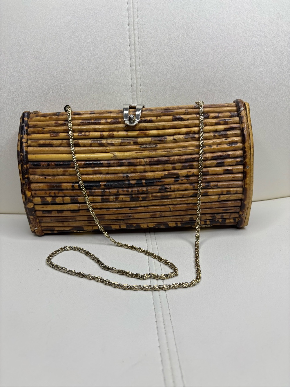 Vintage Bamboo Cylinder Shoulder Bag in Natural Brown